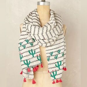Anthropologie Cream Stripe Scarf with Green Cactus Embroidery & Pink Tassels